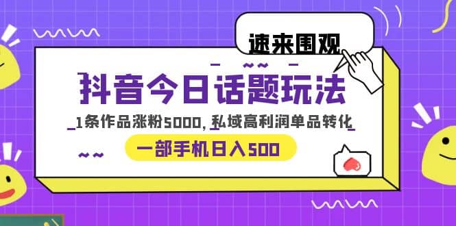 抖音今日话题玩法，1条作品涨粉5000，私域高利润单品转化 一部手机日入500-天天有课网