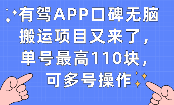 有驾APP口碑无脑搬运项目又来了，单号最高110块，可多号操作-天天有课网