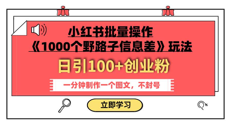 小红书批量操作《1000个野路子信息差》玩法 日引100+创业粉 一分钟一个图文-天天有课网
