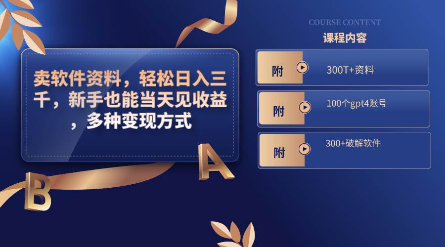 卖软件资料，轻松日入三千，新手也能当天见收益，多种变现方式，（附300T+资料，100个gpt4账号，300+破解软件）-天天有课网