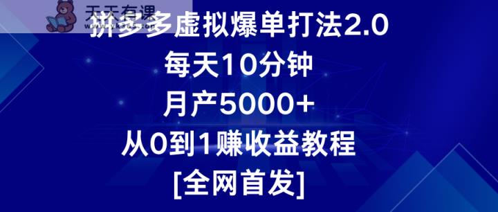 拼多多平台虚似打造爆款玩法2.0，每日10min，月产5000 ，从0到1赚盈利实例教程-天天有课网
