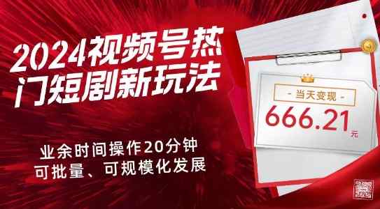 2024视频号热门短剧新玩法，每天仅20分钟、当天变现666.21元、可矩阵操作-天天有课网