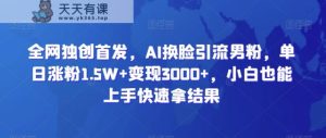 全网独创首发，AI换脸引流男粉，单日涨粉1.5W+变现3000+，小白也能上手快速拿结果【揭秘】-天天有课网