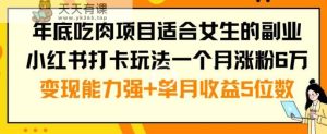年底吃肉项目适合女生的副业小红书打卡玩法一个月涨粉6万+变现能力强+单月收益5位数【揭秘】-天天有课网