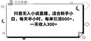 抖音无人小说直播，适合新手小白，每天半小时，每单引流600+，一天收入300+-天天有课网