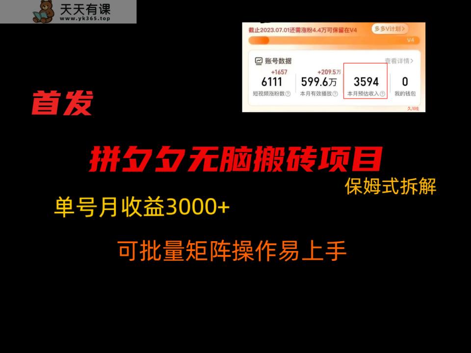 拼夕夕无脑搬砖，单号稳定收益3000+，保姆式拆解-天天有课网