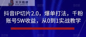 抖音IP切片2.0,爆单打法,千粉账号5W收益,从0到1实战教学【揭秘】-天天有课网