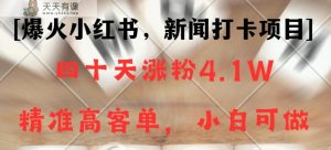 新闻报道打卡签到新项目，小红书的40天增粉4.1w，高客单精准粉，变现力极强-天天有课网