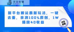 新平台搬运最新玩法，一键去重，亲测100%原创，1W播放40收益-天天有课网
