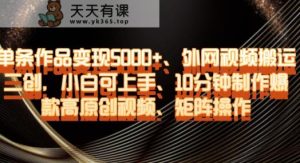 单条作品变现5000+、外网视频搬运二创,小白可上手,10分钟制作爆款高原创视频,矩阵操作【揭秘】-天天有课网