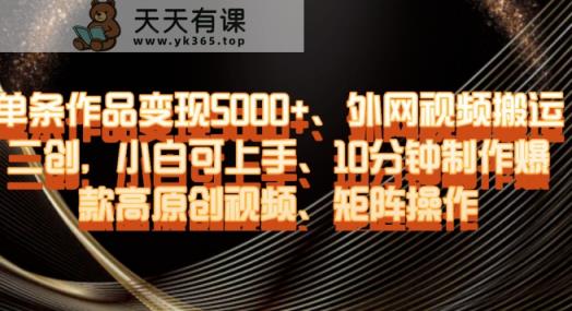 单条作品变现5000+、外网视频搬运二创，小白可上手，10分钟制作爆款高原创视频，矩阵操作【揭秘】-天天有课网