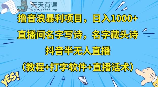 撸音浪暴利项目，日入1000+，直播间名字写诗，名字藏头诗，抖音半无人直播【揭秘】-天天有课网