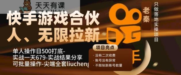 快手游戏合作伙伴、无尽引流、单人操作日500内搭-可批量处理-实战演练一天679-天天有课网