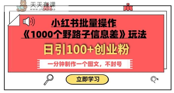 小红书的批量处理《1000个野路子信息差》游戏玩法，一分钟制作一个图文并茂，防封号，日引100 自主创业粉-天天有课网