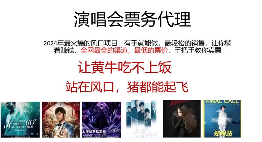 演唱会票务代理商，2024年最火蓝海项目，全网最低的价格，小白一min上…-天天有课网