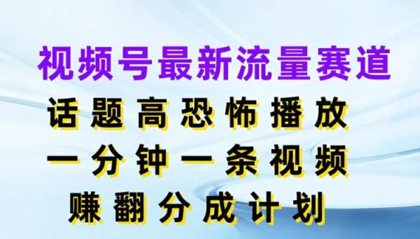 视频号最新流量赛道，话题高恐怖播放，一分钟一天视频，赚翻分成计划-天天有课网